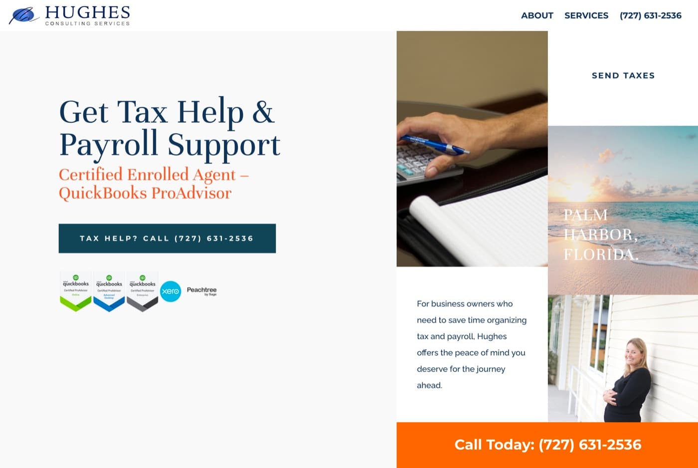 The Hughes Consulting Services homepage Emboss built, headed “Get Tax Help & Payroll Support”, beside tiles of a hand on a calculator, a beach at sunset and a woman on a porch