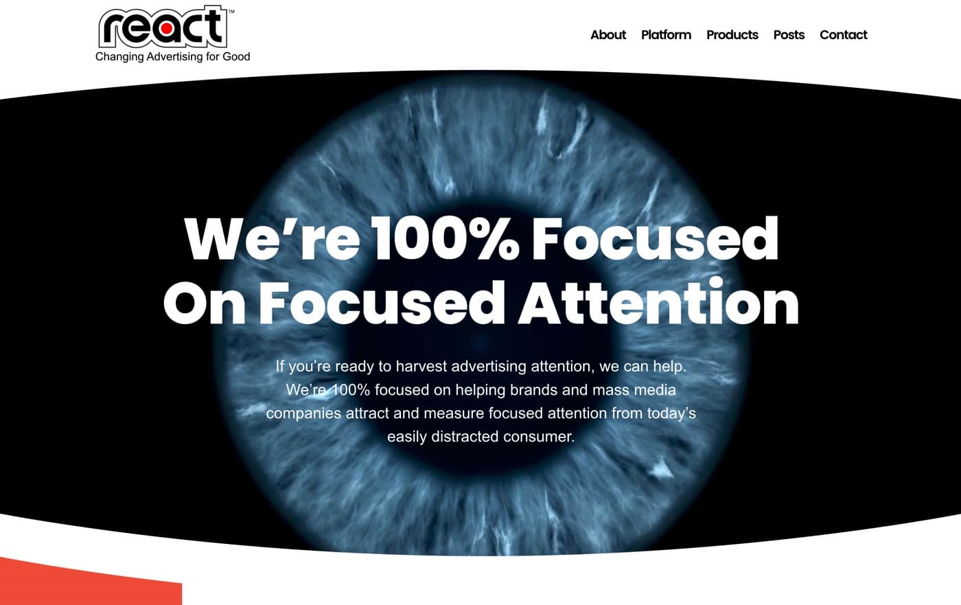 The react homepage, headed “We’re 100% Focused On Focused Attention” over a close-up of a blue human eye