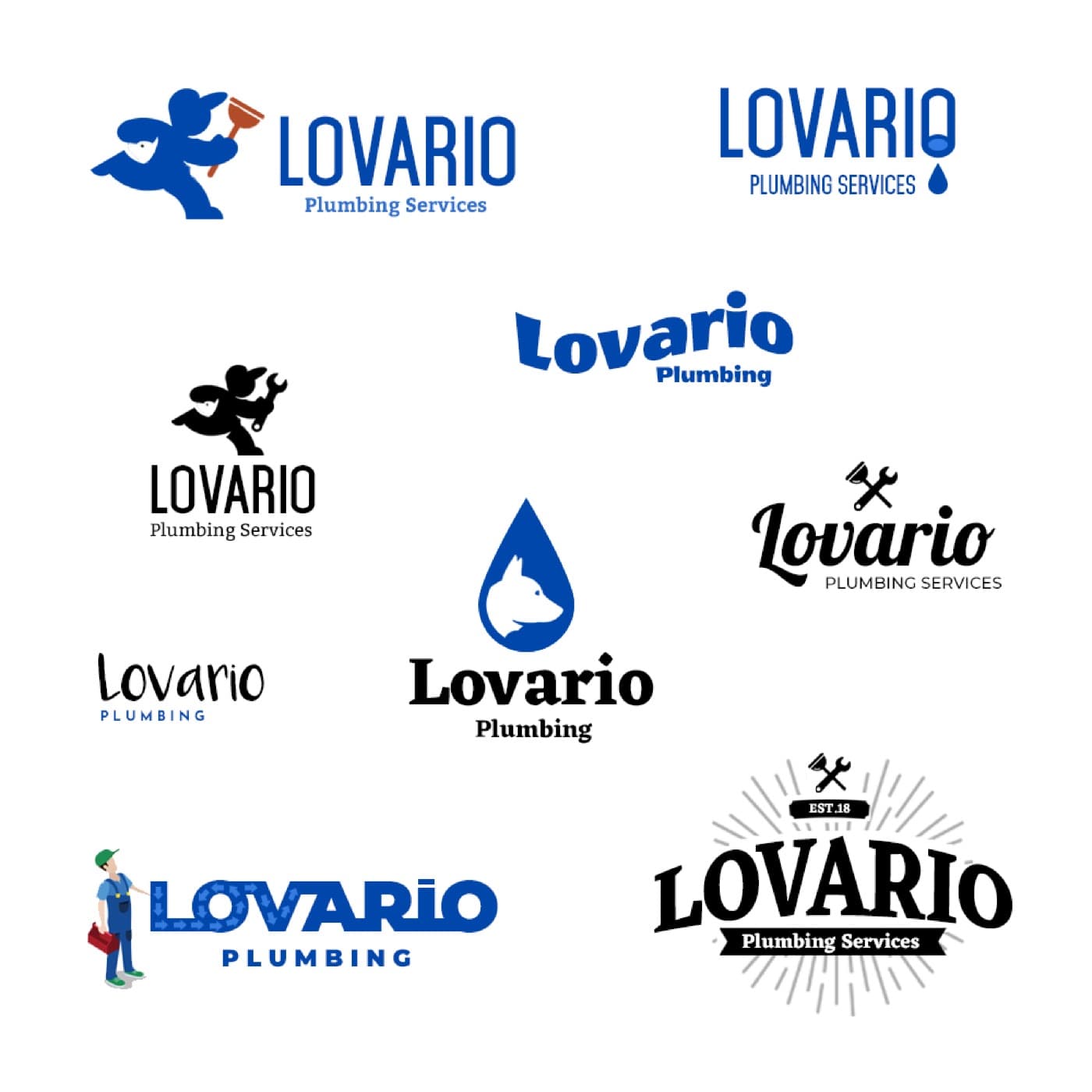 Nine logo concepts for Lovario Plumbing in blue and black, from a running dog with a plunger to a badge with crossed tools