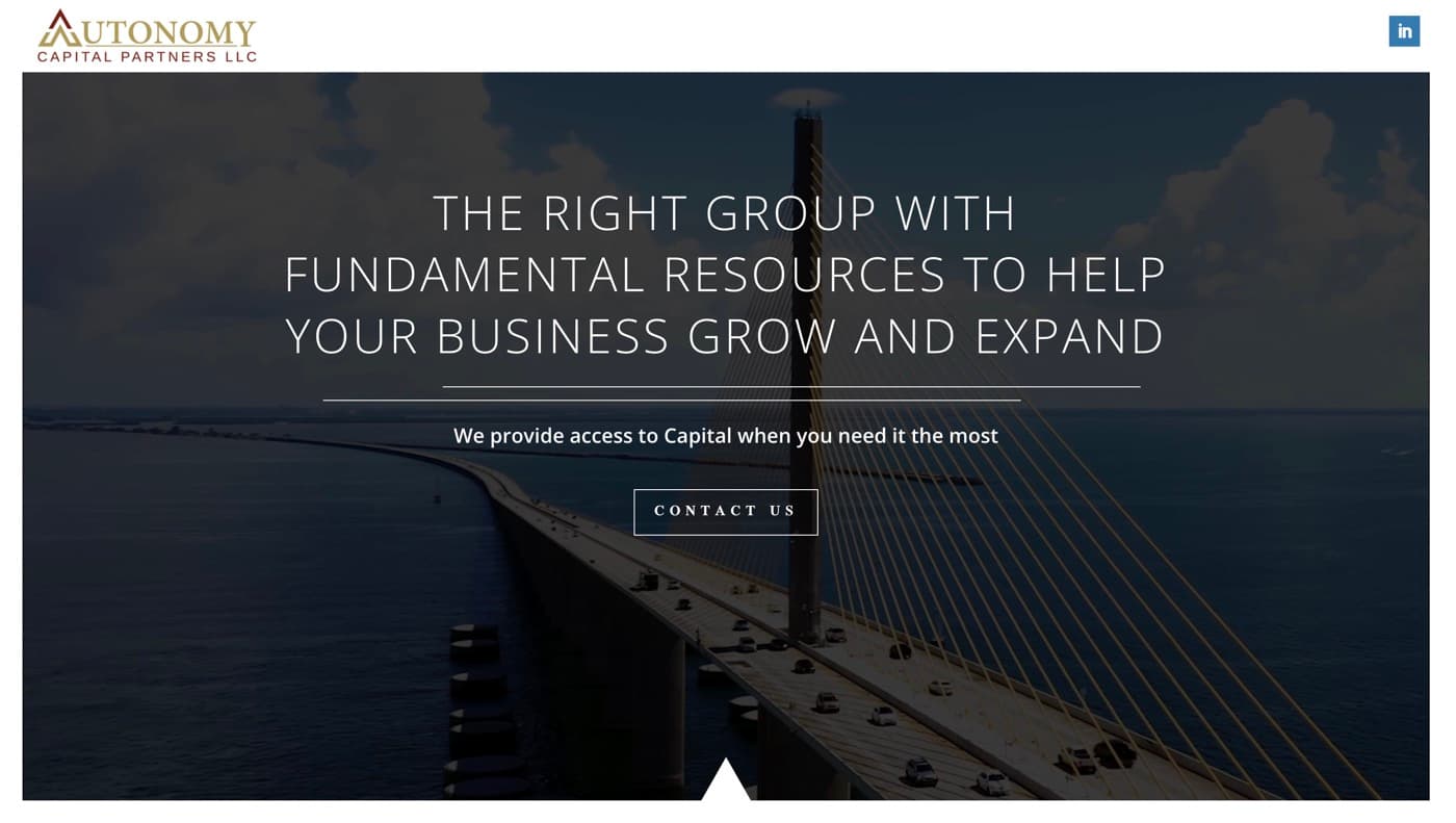 The Autonomy Capital Partners homepage Emboss built, the headline “The right group with fundamental resources to help your business grow and expand” over a dusk photograph of the Sunshine Skyway Bridge