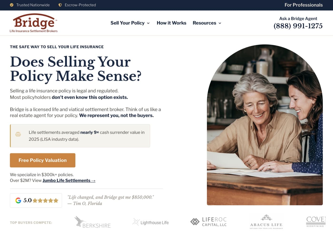 The Bridge life settlement homepage, headed “Does Selling Your Policy Make Sense?”, with a Free Policy Valuation button