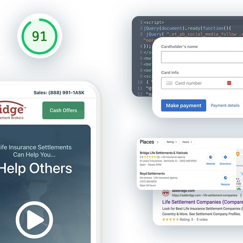 A collage of a client build: the phone site, a page speed score of 91, a card payment form, and the business in Google Places results