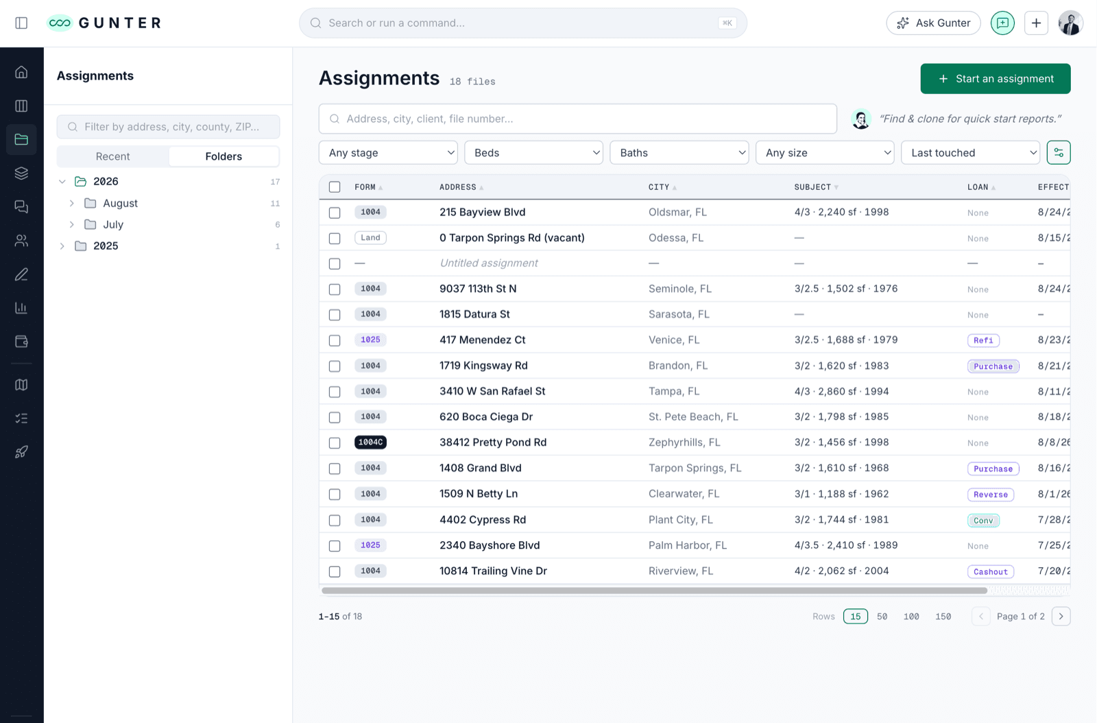 the Gunter appraisal-management platform Emboss built, a dashboard of property assignments on a desktop