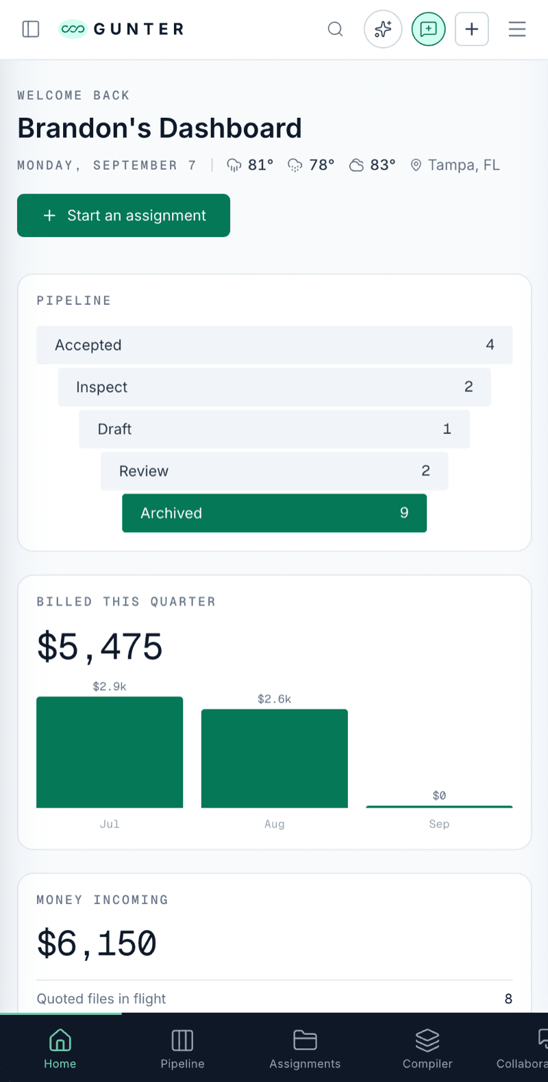 the Gunter appraisal-management platform Emboss built, a dashboard of property assignments on a phone
